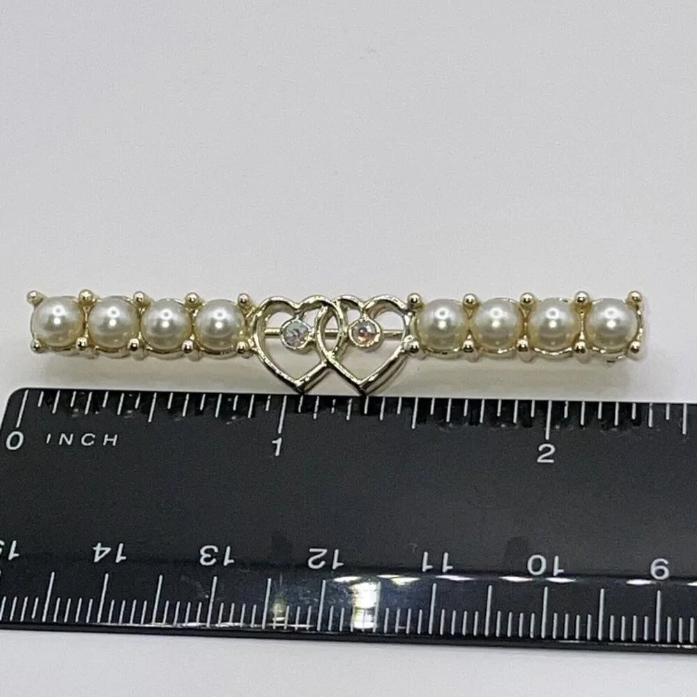 VTG 60s SARAH COVENTRY Bar Brooch Pin Faux Pearl Hearts AB Rhinestones Gold Tone